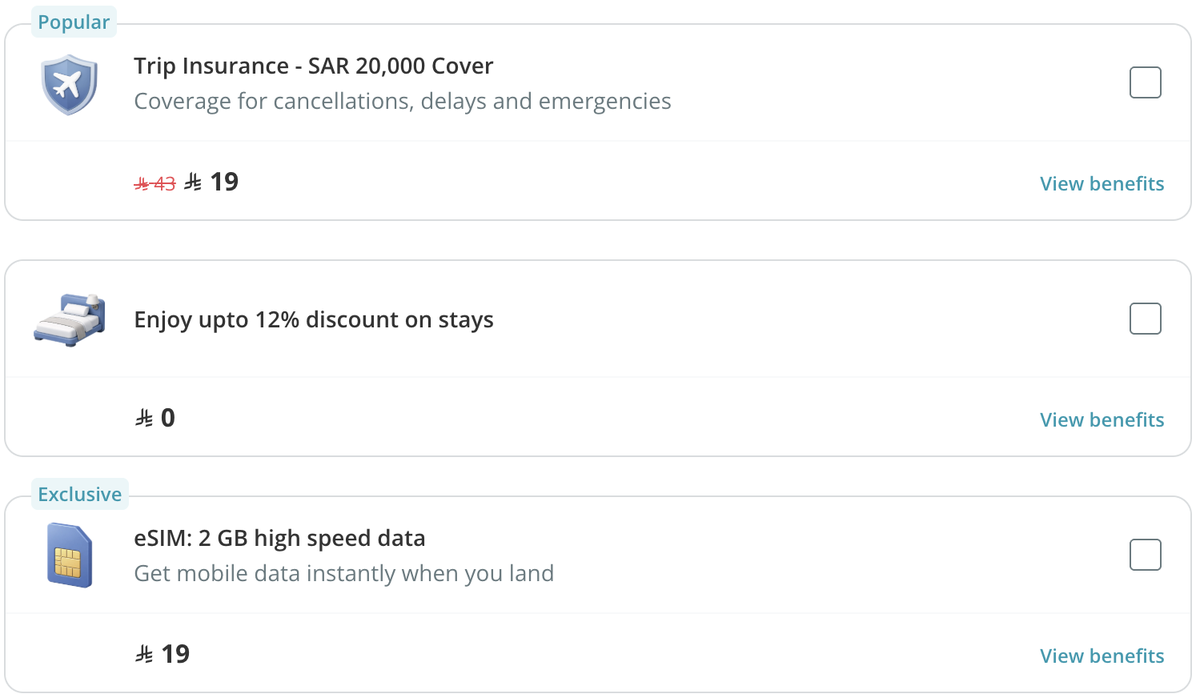 Almosafer booking flow add-ons: trip insurance, a stay discount and an eSIM, each with price and benefits