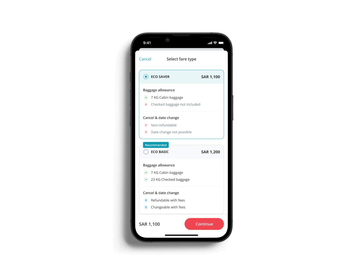 Almosafer fare-family selection screen