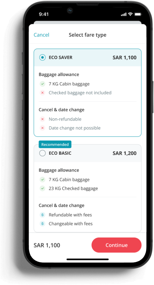 Almosafer fare-type selection: Eco Saver and Eco Basic compared on baggage and change rules