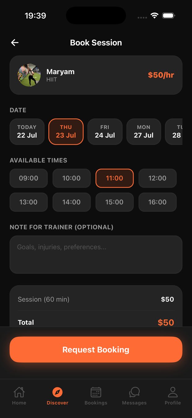 FitConnect booking and payment screen